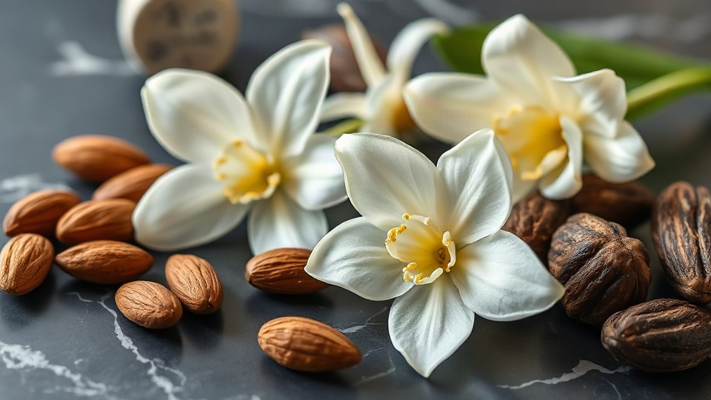 close-up studio photo of fresh jasmine sambac flowers and tuberose blossoms arranged next to roasted almonds and raw cac