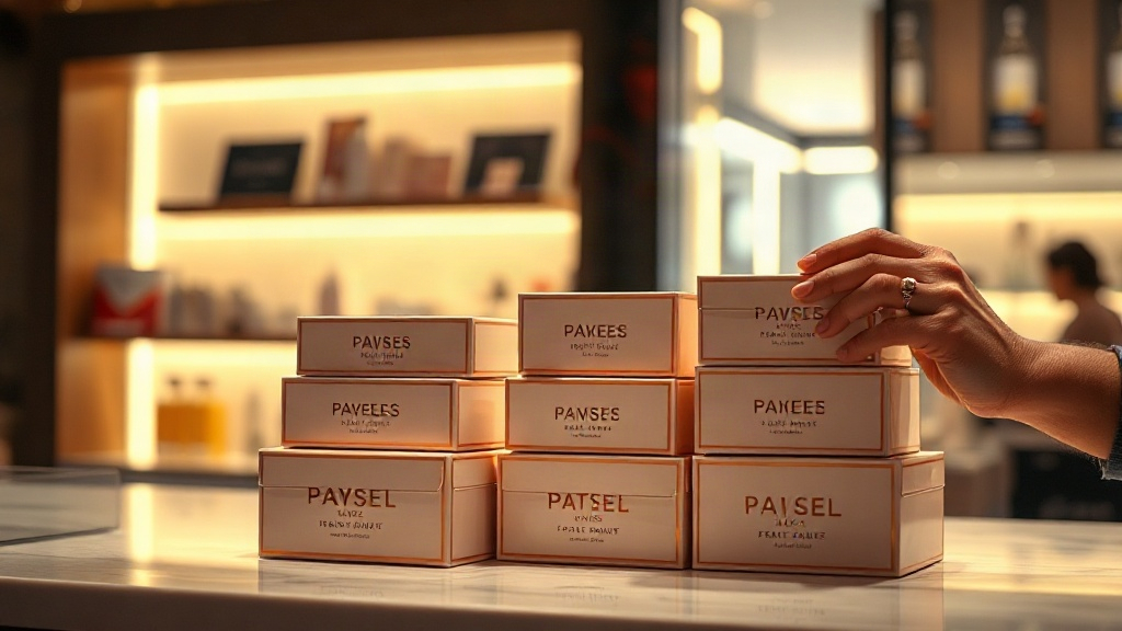 neatly stacked branded perfume gift boxes on a retail store counter, a hand inspecting one closed box, warm boutique lig