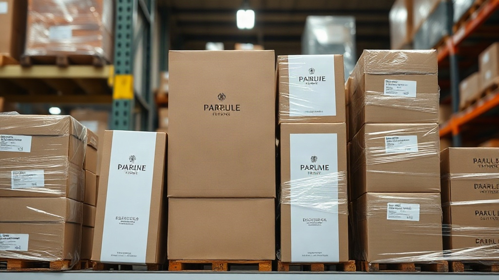 stacked sealed cardboard perfume tester boxes and shrink-wrapped cartons on a warehouse shelf, wholesale packaging photo