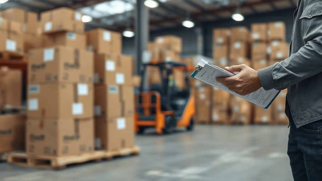 warehouse interior with stacked cardboard shipping boxes on wooden pallets, a worker's hands checking a clipboard i