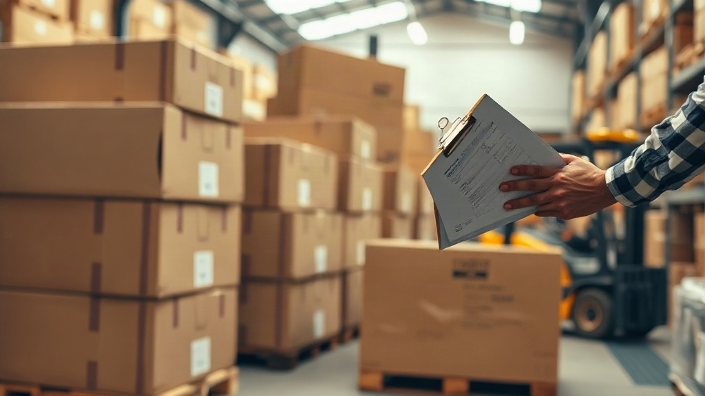 warehouse interior with stacked cardboard shipping cartons on wooden pallets, a worker's hand holding a clipboard w