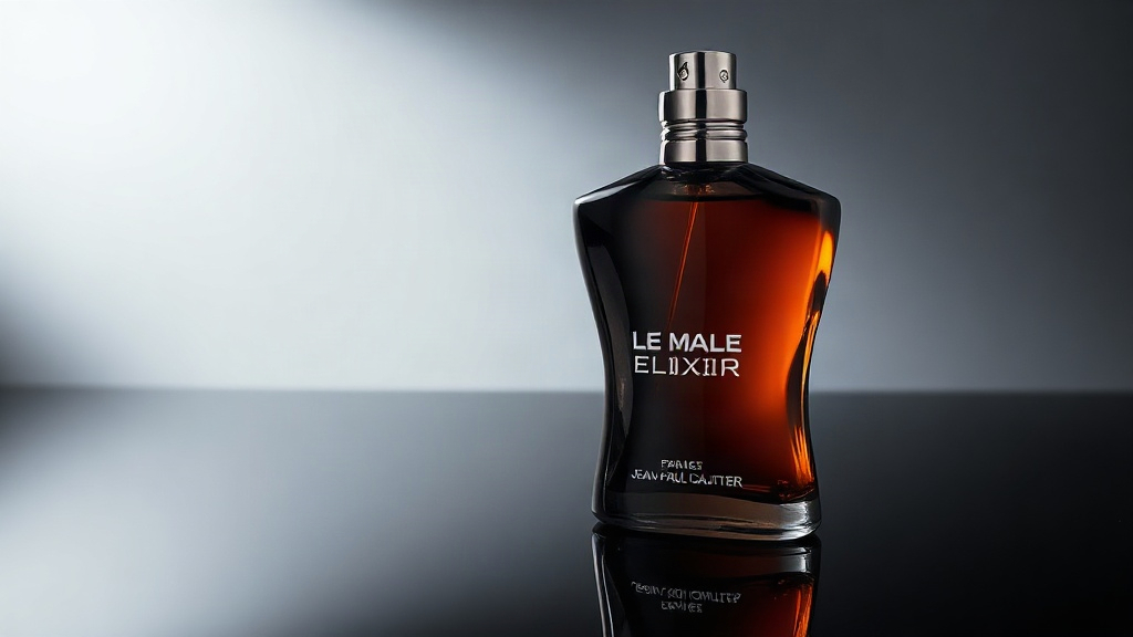 professional studio product photography of a dark amber Jean Paul Gaultier Le Male Elixir perfume bottle shaped like a s