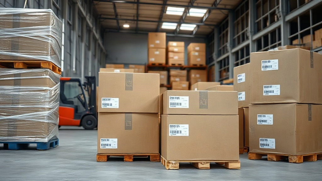 warehouse interior with stretch-wrapped pallets, stacked cardboard shipping boxes, a forklift in the background, shippin
