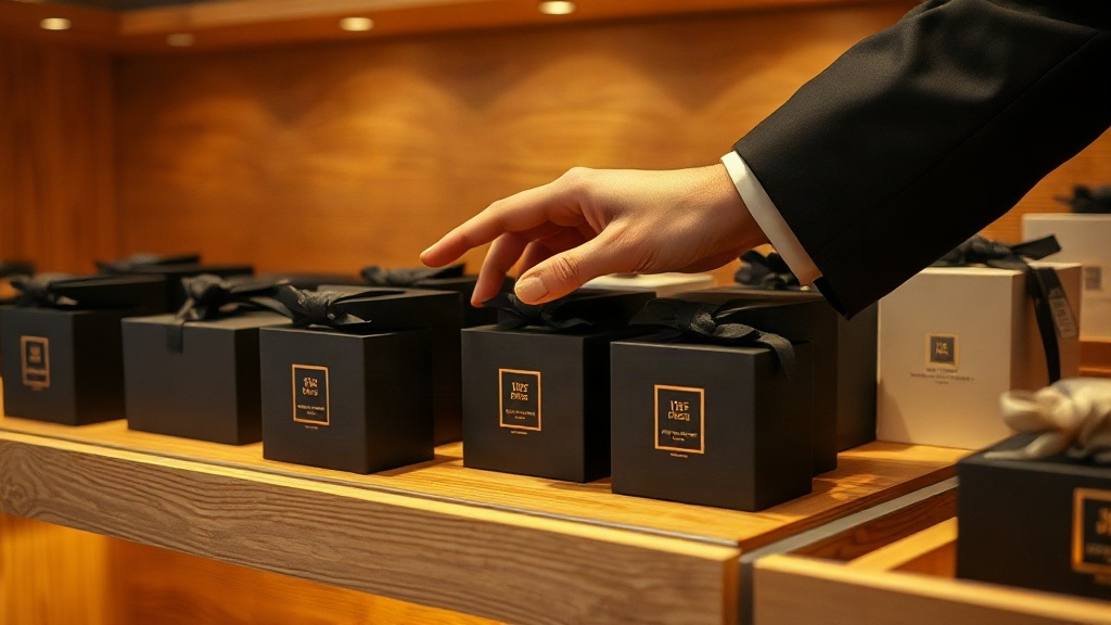 a hand in a dark suit sleeve carefully arranging elegant black perfume gift boxes on a wooden retail display shelf, soft