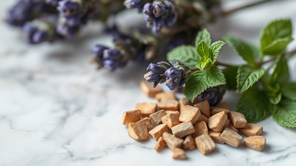 macro photography of lavender sprigs, fresh mint leaves and small cedar wood chips arranged on a polished marble surface