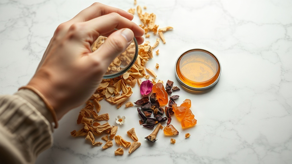 a hand inspecting dried flower petals, sandalwood chips and amber resin samples arranged on a polished marble surface, m