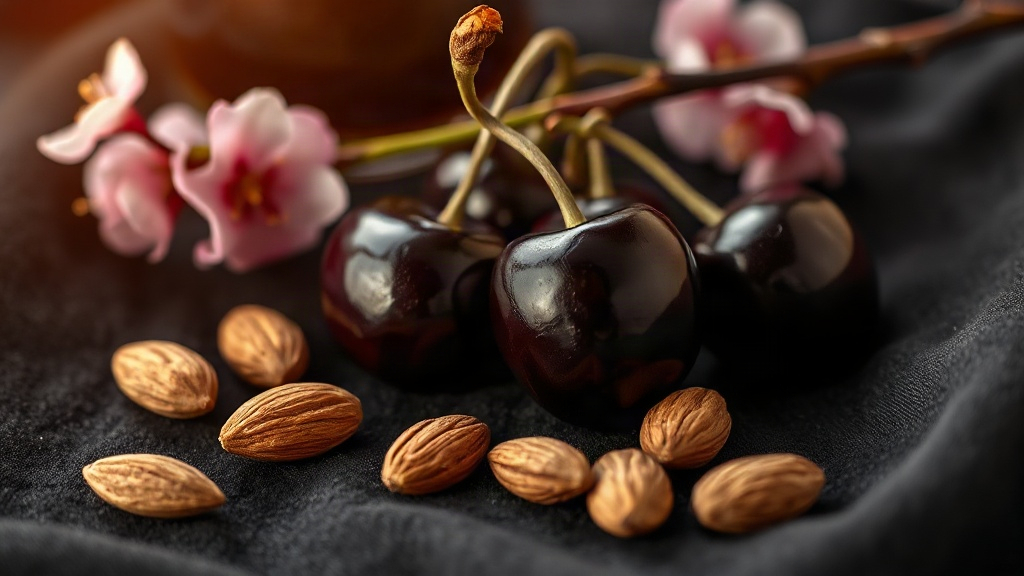 dark black cherries glistening with liqueur, cherry blossom branch, almonds and tonka bean pods arranged on dark velvet