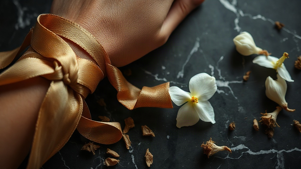 close-up of a hand and wrist wrapped with an elegant fabric ribbon near dried oud wood chips and fresh jasmine flowers o