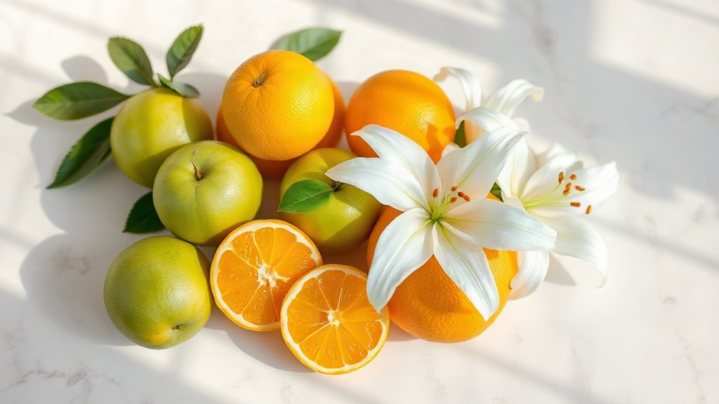 fresh bergamot citrus fruits, green apples and white lily flowers arranged on a light marble surface with soft morning l