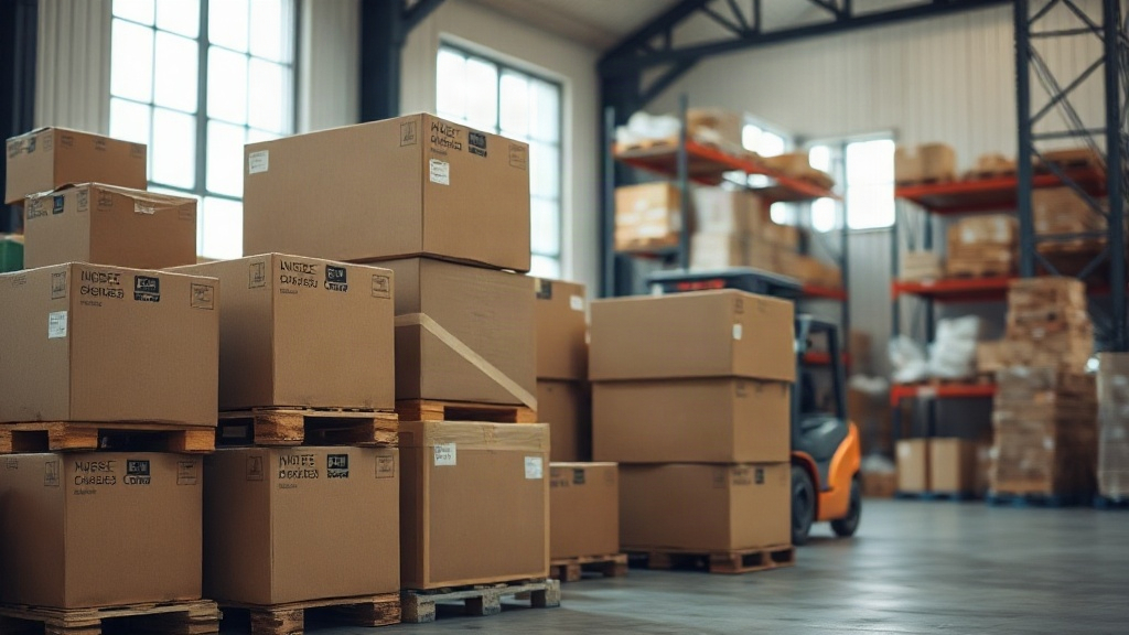 warehouse interior with stacked cardboard shipping cartons and wooden pallets prepared for export, forklift aisle, indus