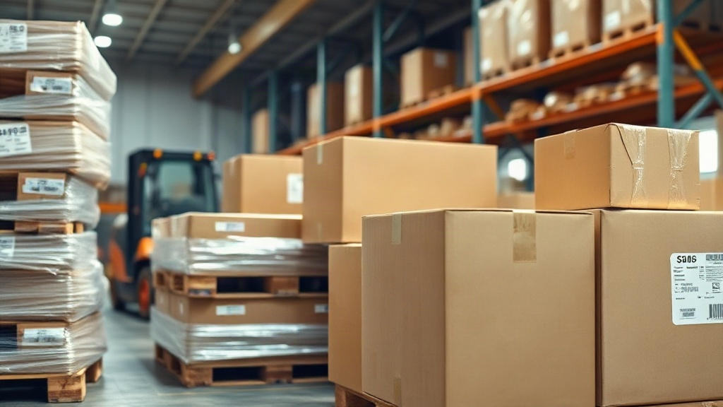 warehouse interior with stacked wooden pallets wrapped in stretch film, sealed brown cardboard shipping boxes with shipp
