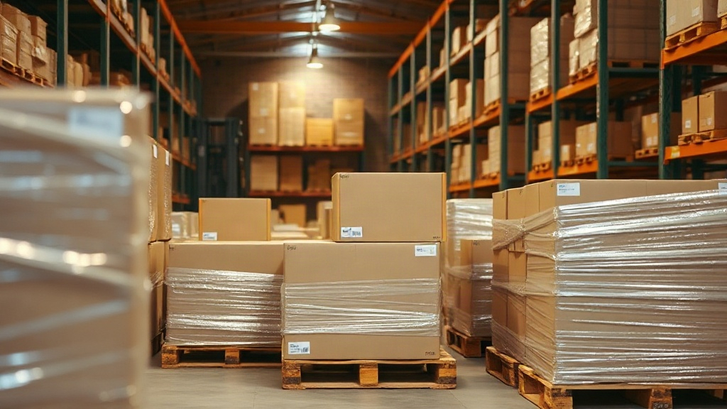 Wide shot of a modern fragrance distribution warehouse with stacked cardboard shipping boxes on wooden pallets wrapped i