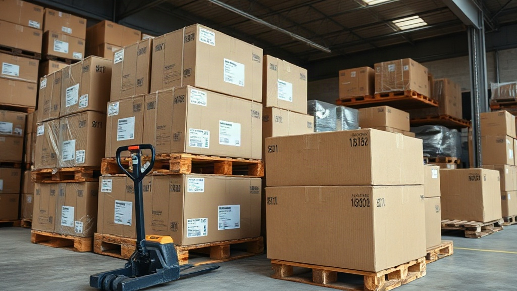 warehouse interior with stacked wooden pallets loaded with sealed cardboard shipping boxes, a hand-operated pallet jack 