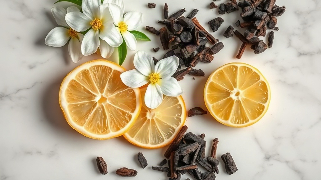 flat lay of raw perfume ingredients on a white marble surface: fresh bergamot citrus slices, blooming white jasmine flow
