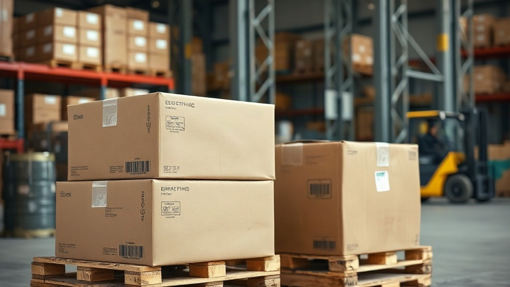 warehouse interior with stacked sealed cardboard shipping boxes on wooden pallets, forklift blurred in the background, i