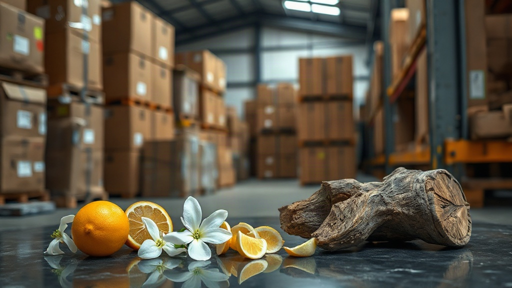 warehouse interior with stacked cardboard shipping cartons and wooden pallets, raw perfume ingredients displayed nearby 
