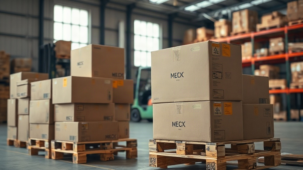 warehouse interior with wooden pallets stacked with sealed brown cardboard shipping boxes, industrial shelving in the ba