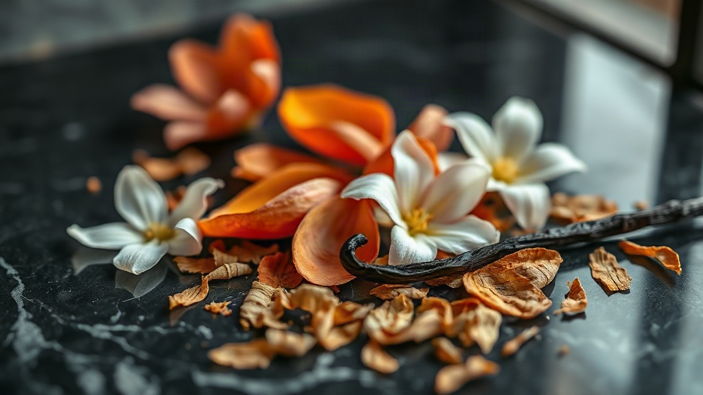 close-up still life of orange blossom petals, jasmine flowers, vanilla pods and sandalwood shavings arranged on a dark m