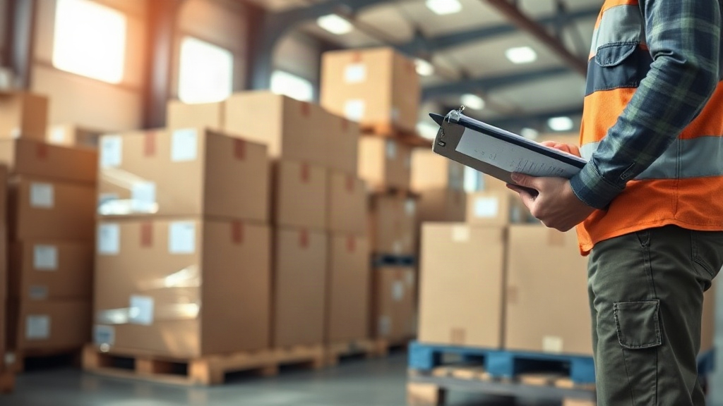 warehouse interior with neatly stacked cardboard shipping boxes on wooden pallets, a worker's hand checking a clipb