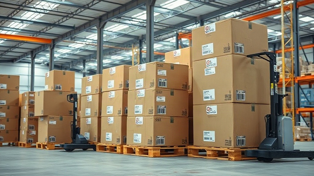 warehouse interior with neatly stacked cardboard shipping boxes on wooden pallets, a hand-operated pallet jack nearby, b