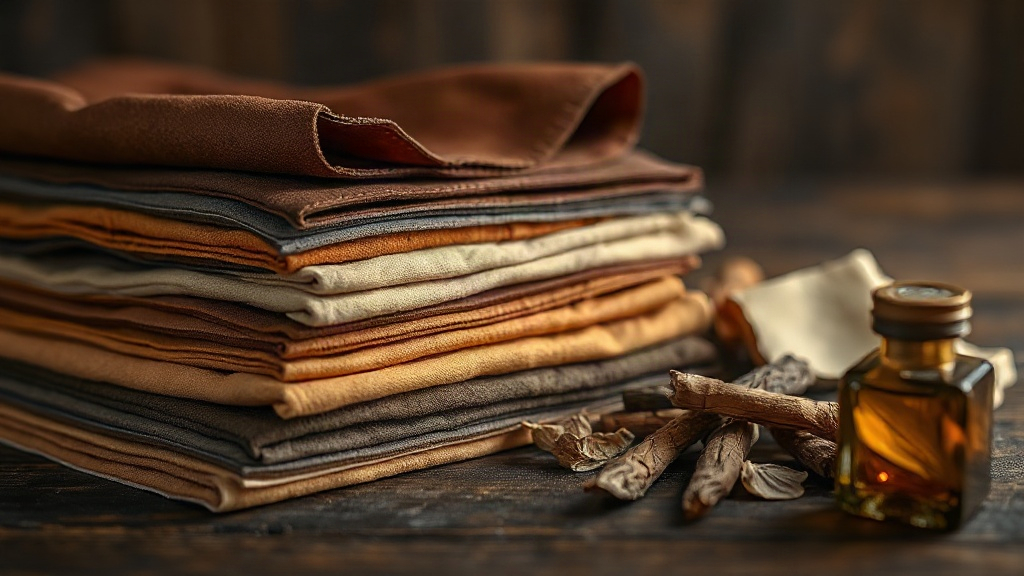 close-up of raw leather hides and suede swatches stacked beside amber resin chunks and dried tobacco leaves on a dark wo