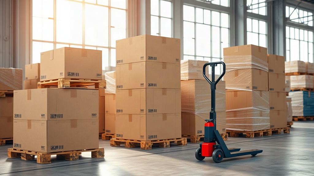 warehouse interior with stacked cardboard shipping boxes on wooden pallets, pallet jack, shrink-wrapped cartons, soft mo