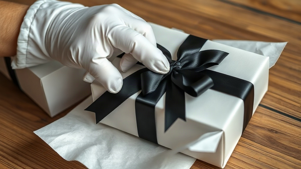 close-up of a hand wearing a white cotton glove inspecting a sealed luxury gift box wrapped with a black satin ribbon, t