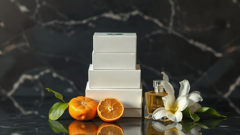 elegant product-style still life on a dark marble surface showing a stack of sealed perfume packaging boxes, fresh berga