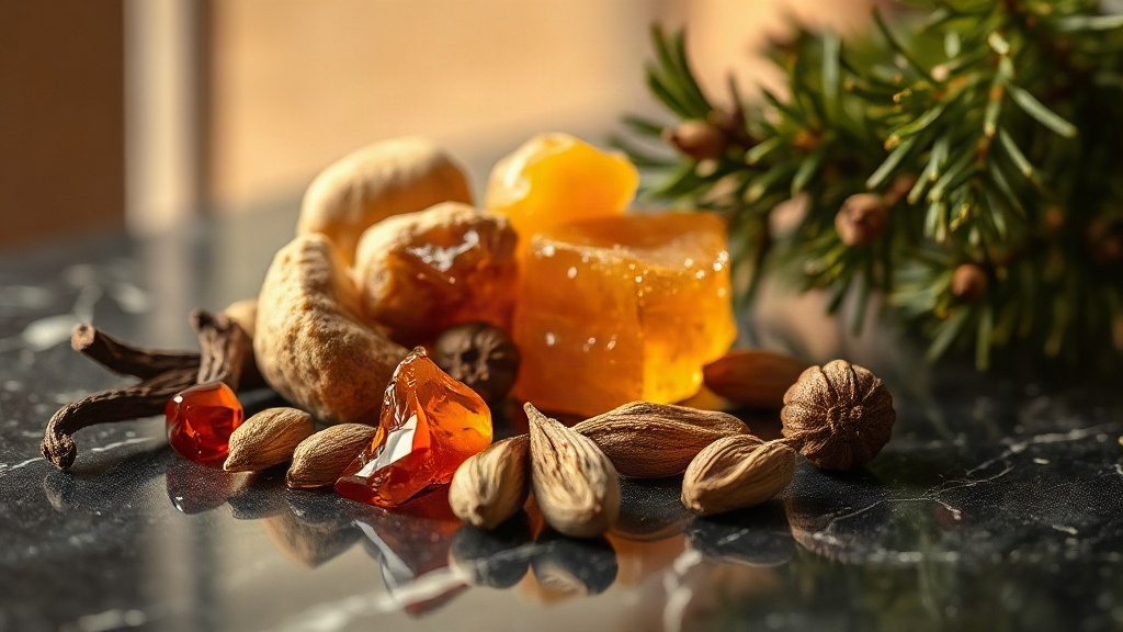 amber resin chunks, vanilla pods, cardamom pods and a small bundle of fir branches arranged on a dark polished marble su