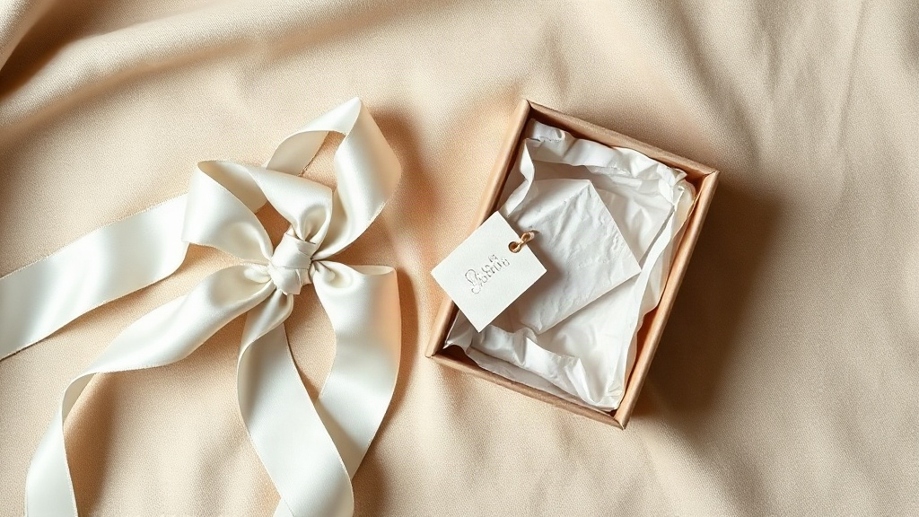 flat lay product photography of elegant perfume packaging elements — a folded satin ribbon, an open cardboard gift box l