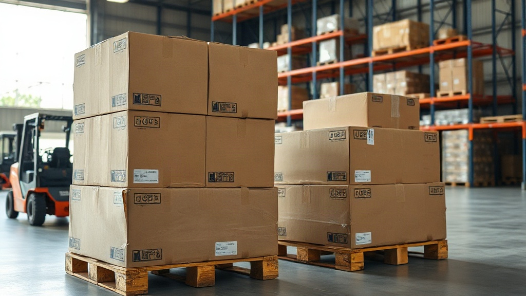 stacked cardboard shipping boxes secured on wooden pallets inside a bright warehouse, industrial shelving in the backgro