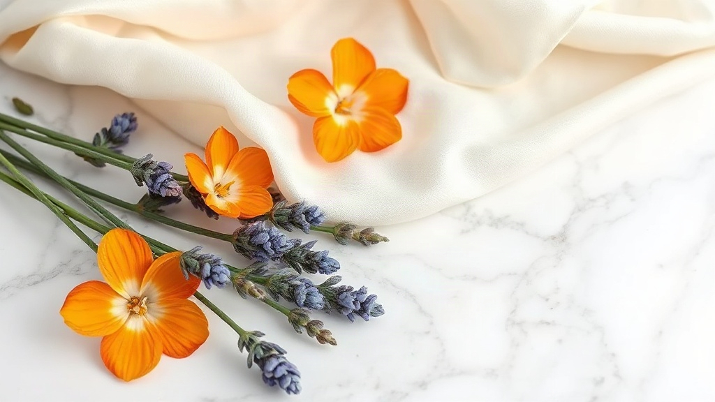 Fresh lavender sprigs, orange blossom flowers and a piece of ivory silk fabric arranged on a white marble surface, soft 