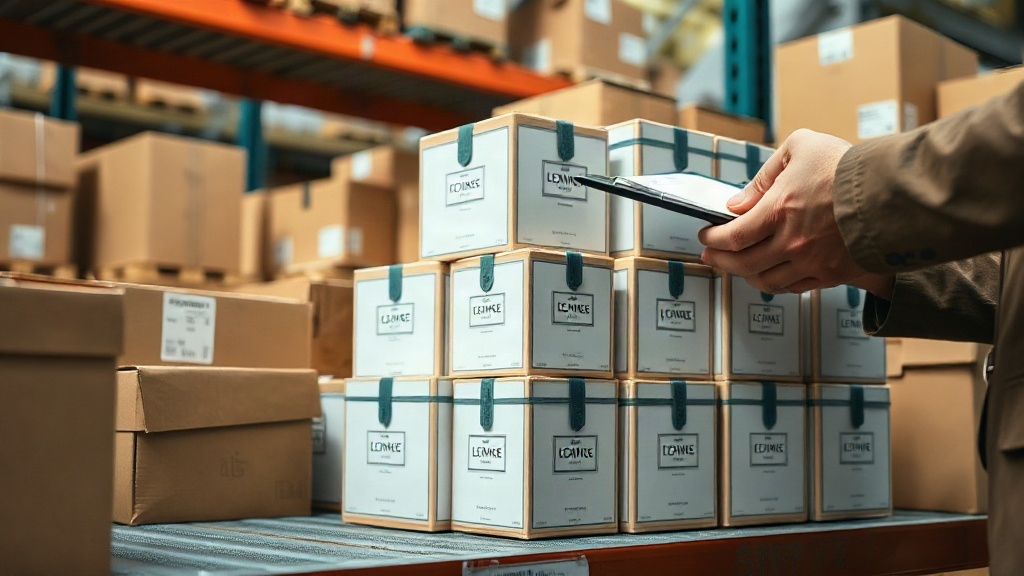 neatly stacked elegant perfume packaging boxes on a warehouse shelf, cardboard shipping cartons nearby, a hand checking 