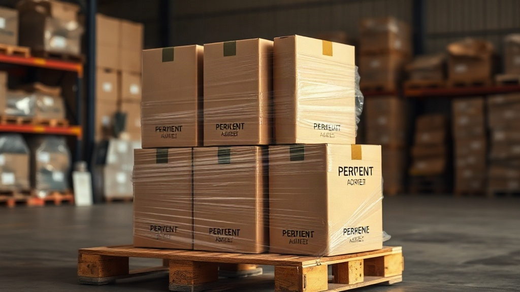 stacked neutral beige and gold perfume outer packaging boxes wrapped in stretch film on a wooden warehouse pallet, soft 