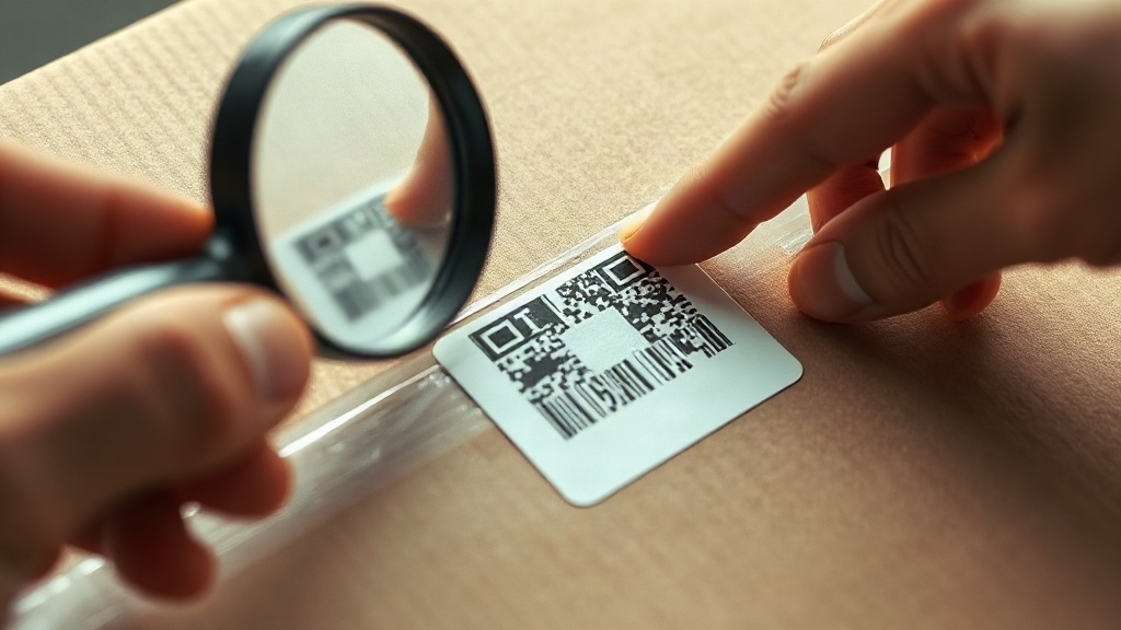 a hand holding a magnifying glass inspecting a hologram authentication sticker on a sealed cardboard shipping box, close