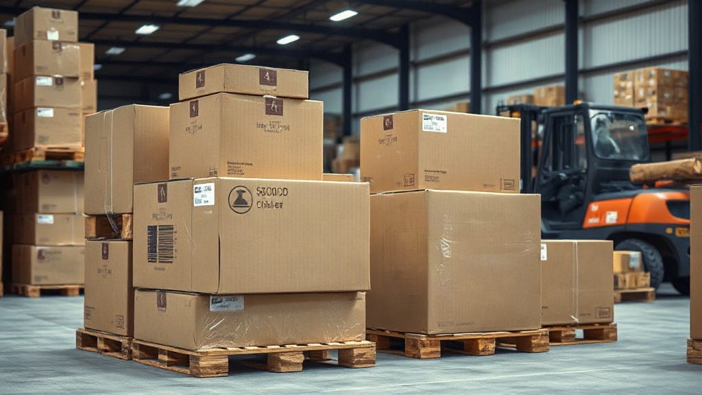 warehouse interior with stacked wooden pallets of sealed cardboard shipping boxes, forklift in the background, industria