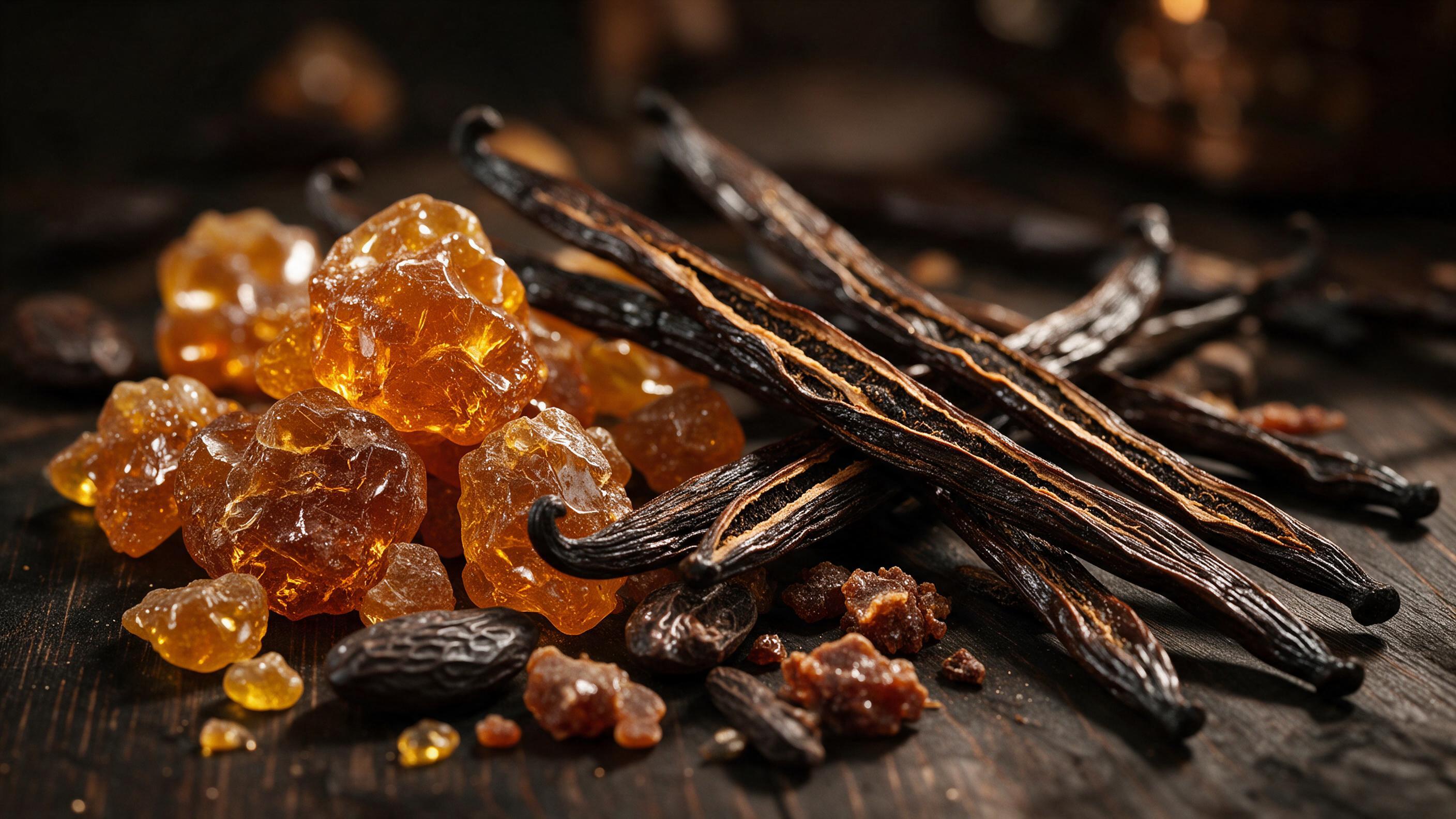 close-up macro photo of raw perfumery ingredients for an amber-vanilla fragrance: chunks of amber resin, split vanilla p
