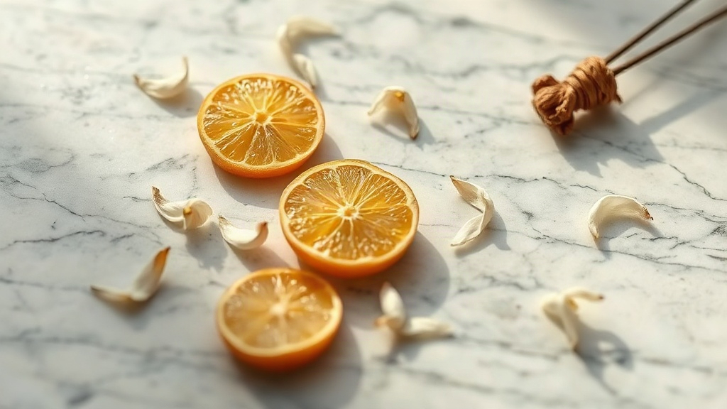 elegant marble surface styled as a perfumery display, scattered bergamot slices, fresh jasmine blossoms and a small bund