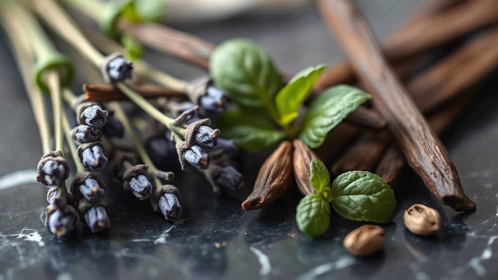 Close-up macro photograph of lavender sprigs, fresh mint leaves and vanilla pods arranged on a dark marble surface, soft