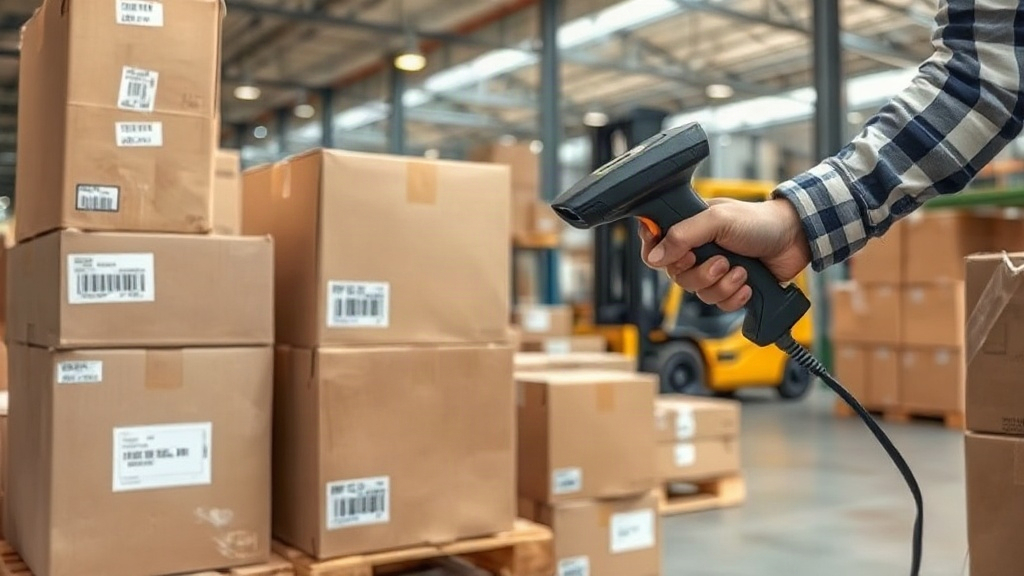 warehouse logistics scene with stacked cardboard shipping cartons on wooden pallets, a worker's hands scanning a ba