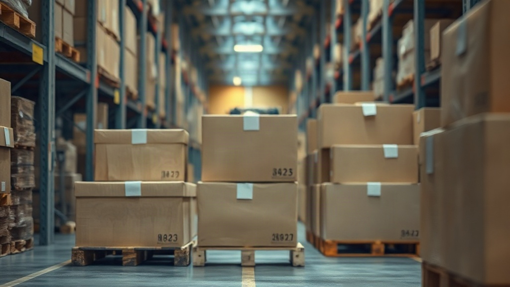 a warehouse aisle with stacked cardboard shipping boxes on wooden pallets, a forklift in soft focus in the background, c