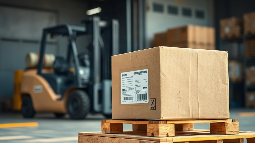 Close-up photo of a cardboard shipping carton on a wooden pallet at a customs warehouse dock, a shipping label and custo