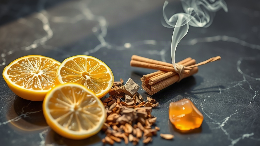 raw perfumery ingredients arranged on a dark marble surface — fresh bergamot citrus halves, dried cedar wood shavings, g