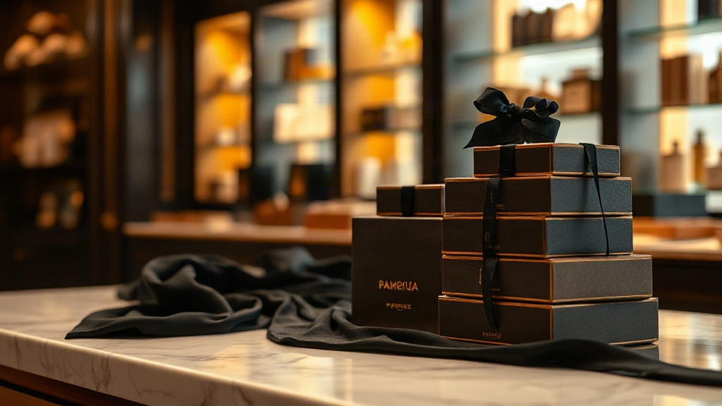 elegant retail display counter with black velvet fabric draped over the surface, luxury perfume gift boxes stacked neatl