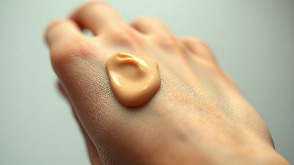 close-up macro shot of a creamy foundation swatch being blended with a fingertip on the back of a hand, warm natural ski