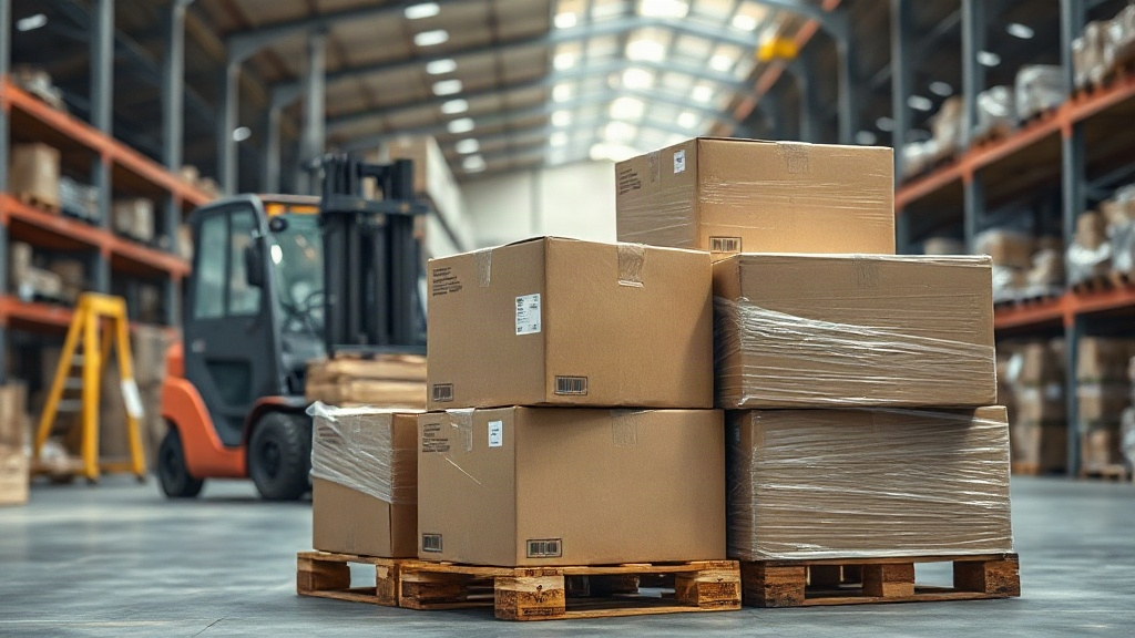 warehouse interior with stacked cardboard shipping boxes on wooden pallets, wrapped in clear plastic film, forklift in s