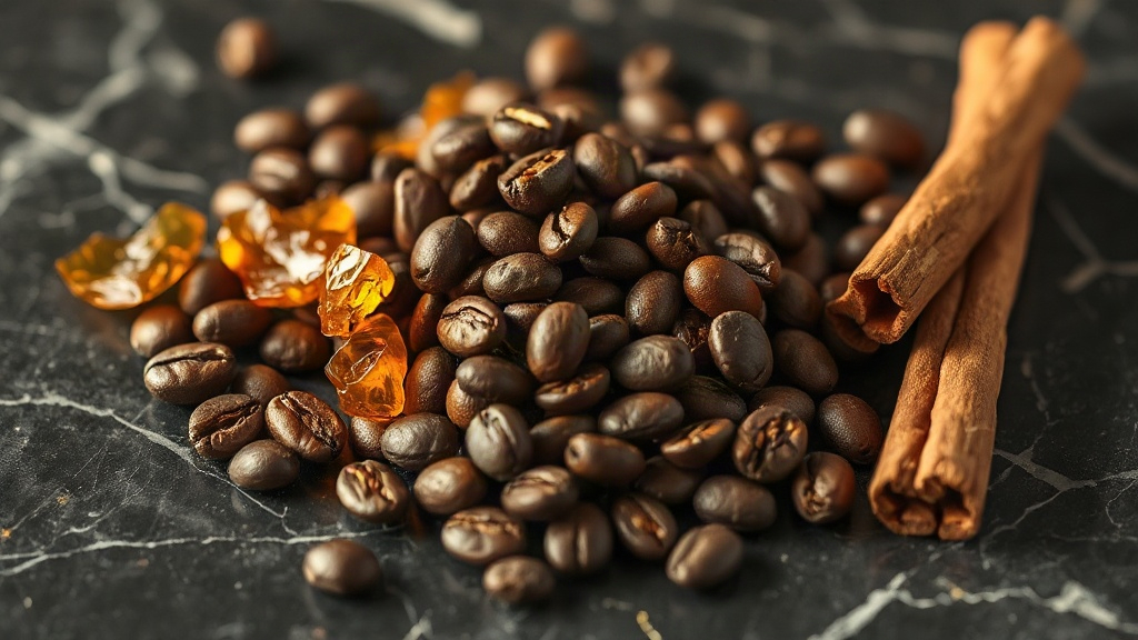 close-up still life of roasted coffee beans, dark oud wood chips, amber resin tears, and cinnamon sticks arranged togeth