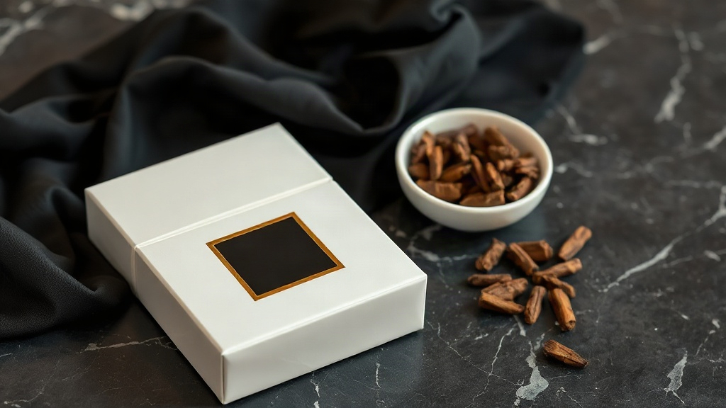 elegant sealed perfume outer packaging box with gold foil accents and a minimalist black label, resting on a dark marble