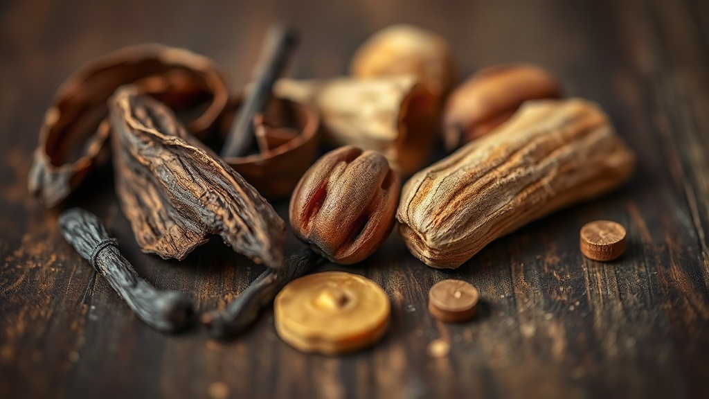close-up macro photograph of dried tobacco leaves, whole vanilla pods, tonka beans and a piece of raw sandalwood arrange