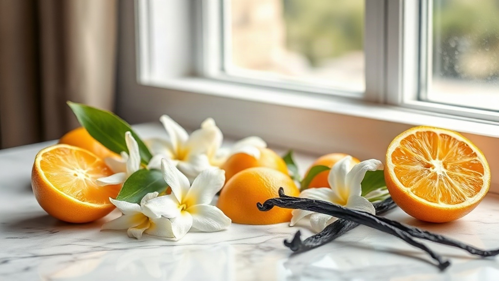 still life of bergamot citrus fruit, fresh jasmine flowers and vanilla pods arranged on a white marble surface, soft nat
